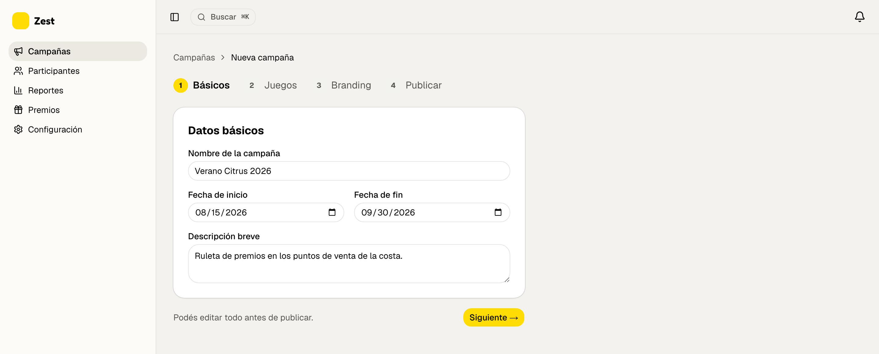 Panel de Zest: el paso «Básicos» de una campaña nueva, con nombre, fechas y descripción.