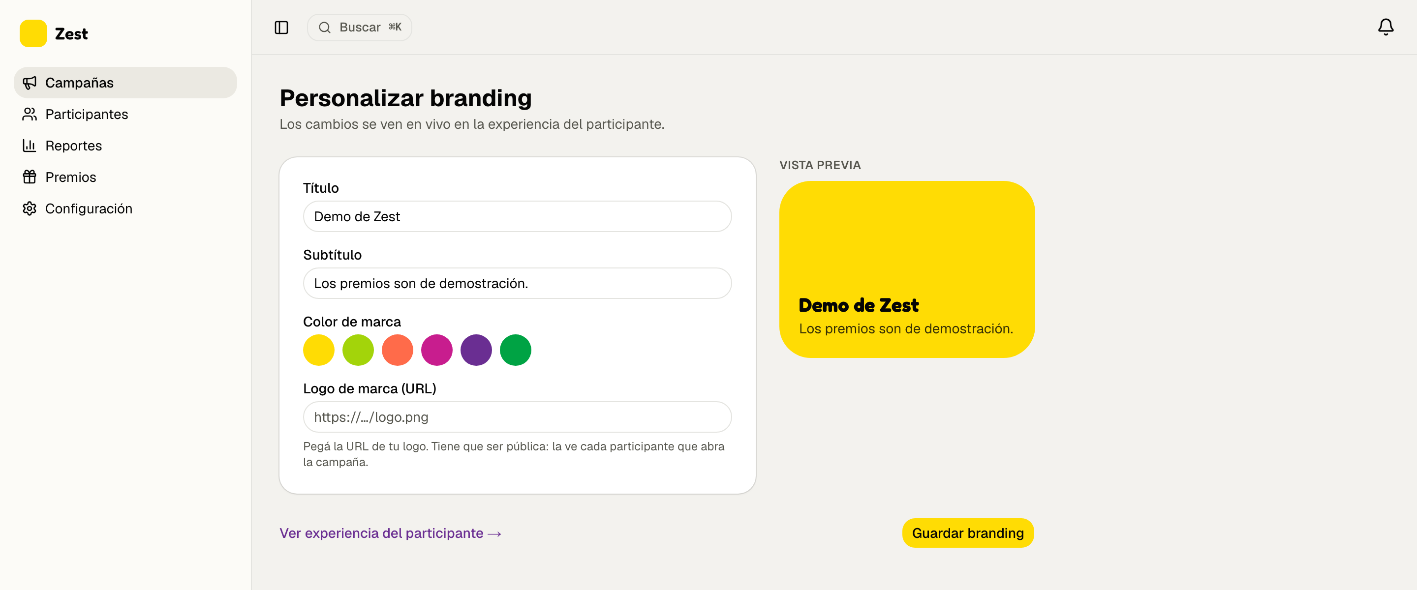 Panel de Zest: personalización de marca con vista previa en vivo de lo que ve el participante.
