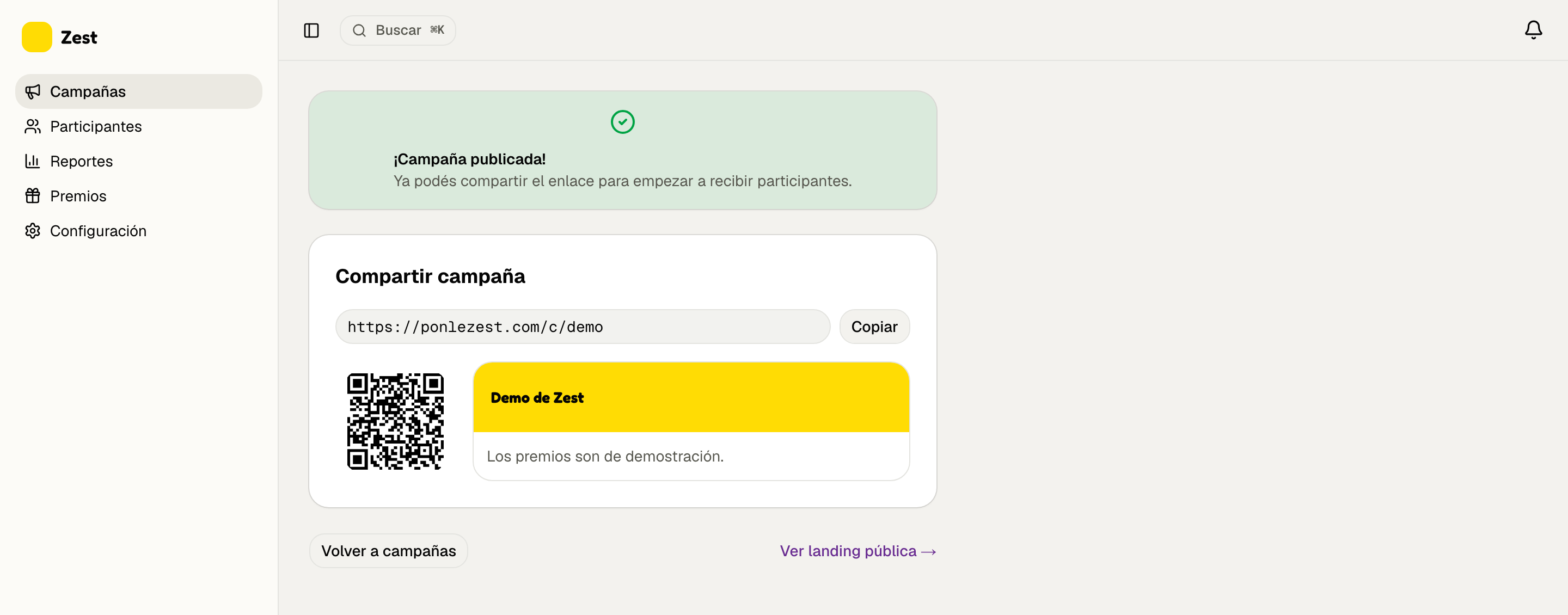Panel de Zest: el enlace público de la campaña y su código QR, listos para compartir.